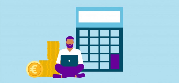 tekening van man zittend voor een rekenmachine